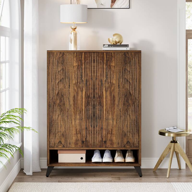 24 Pairs Large Wood Shoe Storage Cabinet with Doors for Entryway - 6-Tier