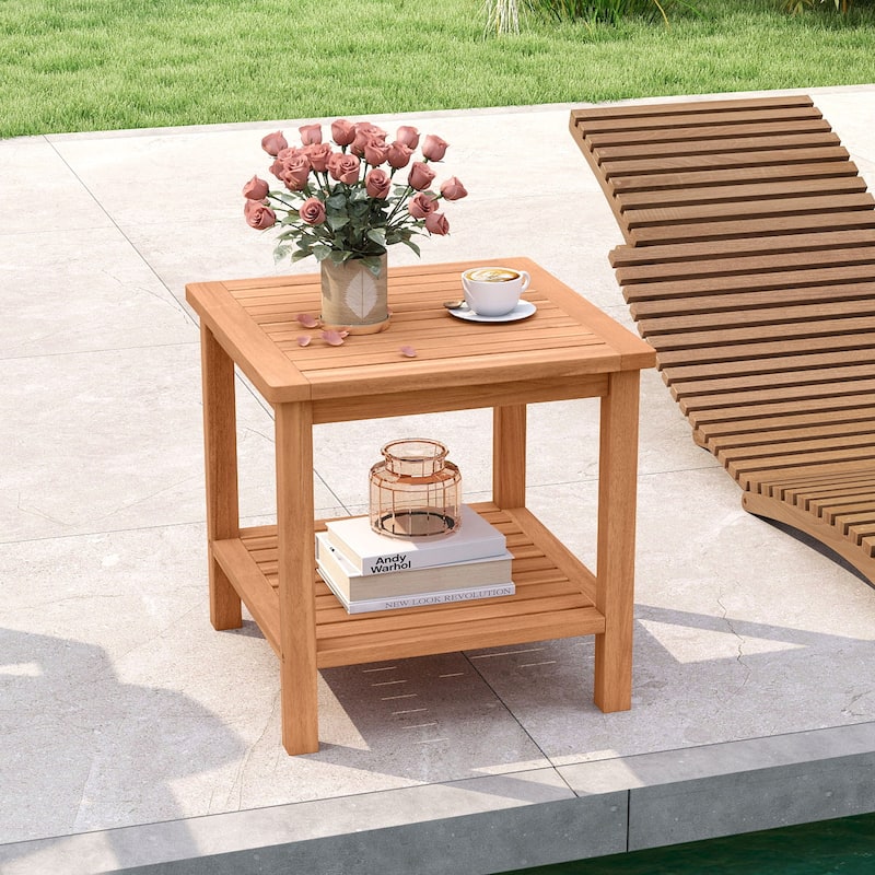 Gymax 2PCS 2-Tier Patio Acacia Wood Side Table w/ Slatted Tabletop