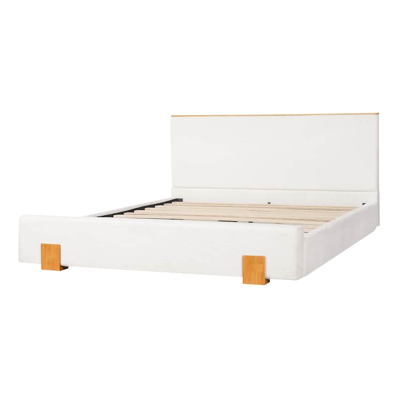 Christopher Knight Home - Verdes Modern Soft Boucle Upholstered Platform Bed with Solid Wood Legs, Trim & Padded Headboard