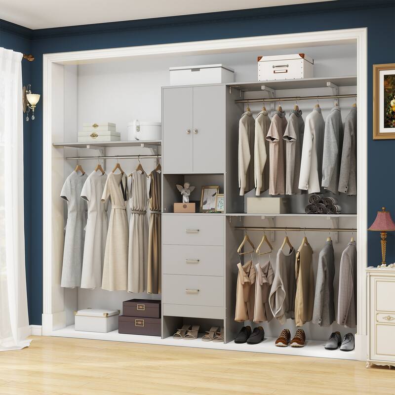 20''-96'' Wide Wooden Closet Organizer With Doors, Adjustable Closet System with Drawers and Hanging Rods