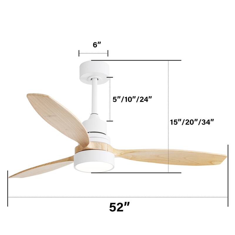 Sofucor 52 Inch Noiseless Ceiling Fan with Dimmable LED Light and Remote, 3 Solid wood Blades,Reversible DC Motor