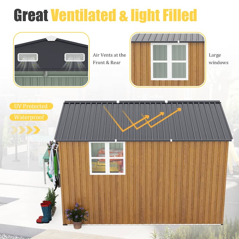 10x12 Ft Outdoor Storage Shed, Extra Large Metal Shed with Lockable Doors, Windows, Outside Steel Tiny House Ideal