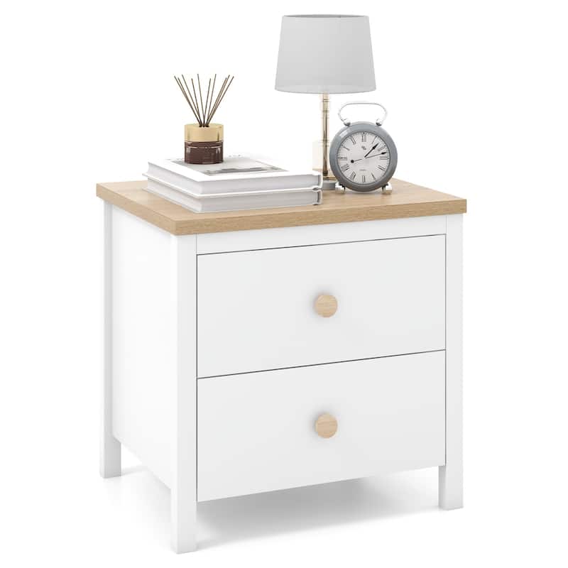 2-Drawer Wooden Nightstand Bedside Table with Storage for Bedroom or Living Room Use - White
