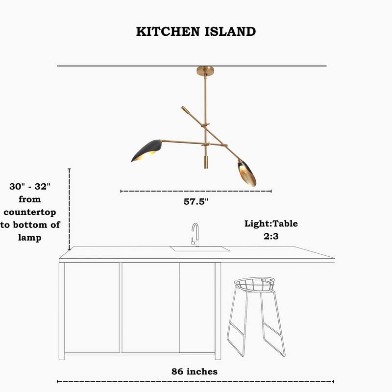 2-Light Unique Modern Linear Black Gold Chandelier Metal Island Lights for Dining Room - L 58" x W 4.4" x H 14"