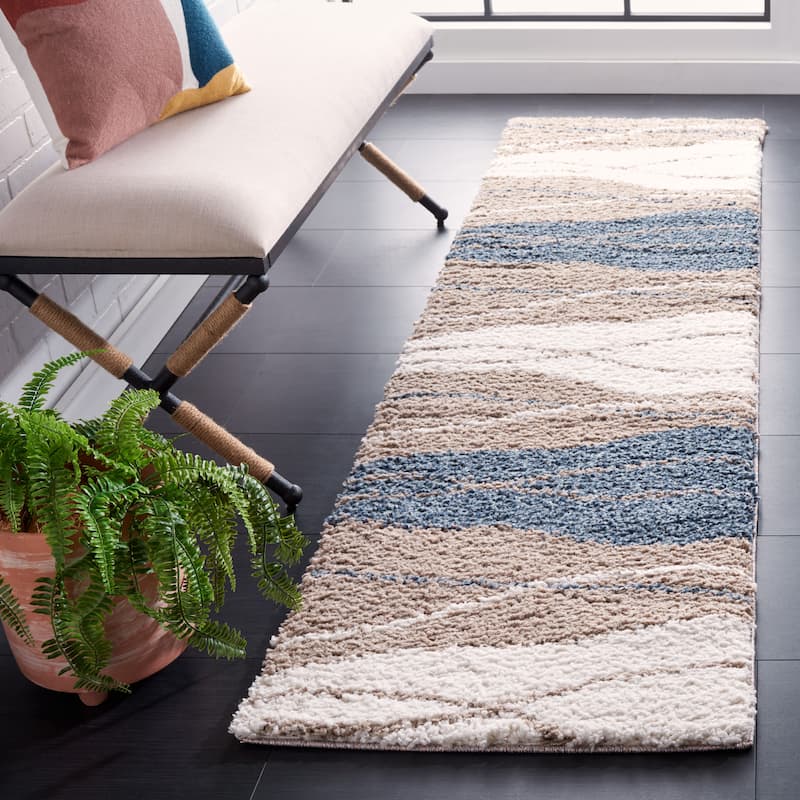 SAFAVIEH Calico Shag Isabell Abstract 1.5-inch Thick Rug - 2'2" x 8' Runner - Taupe/Blue