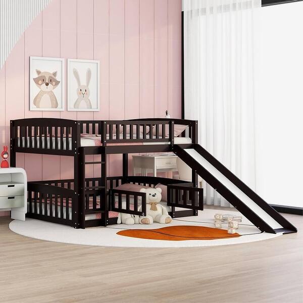slide 2 of 7, Espresso Pine Wood Bunk Bed with Convertible Slide, Ladder, and Fence Door Full - Espresso