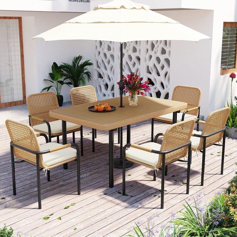 7 Piece Outdoor Wicker Dining Set with Plastic Wood Table Top and Removable Cushions for Patio Use