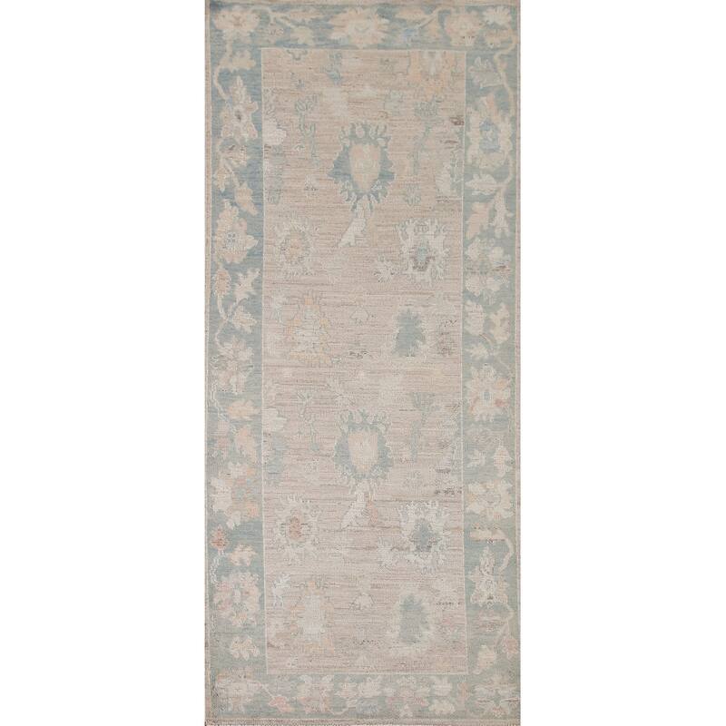 Hand Knotted Oriental 100% Wool Carpet Transitional All-Over Beige & Ivories Oushak Runner Rug - 7' 11'' X 3' 3''