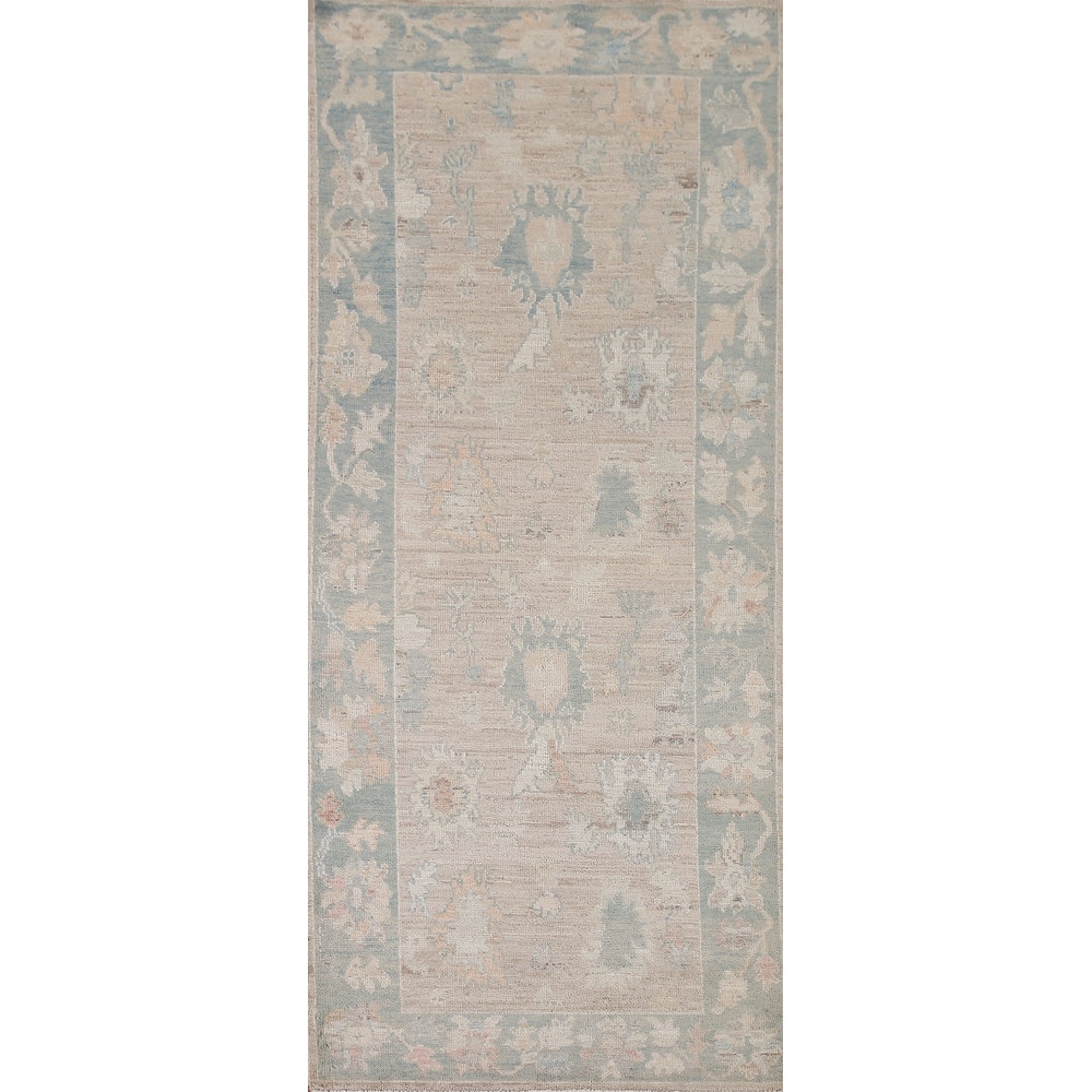 Hand Knotted Oriental 100% Wool Carpet Transitional All-Over Beige & Ivories Oushak Runner Rug - 7' 11'' X 3' 3''