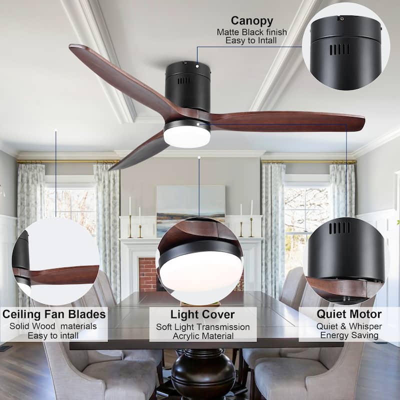 YUHAO SylvanAir Modern 52 in. Flush Mount Outdoor/Indoor Ceiling Fan with 3 Solid Wood Blades and DC Reversible Motor