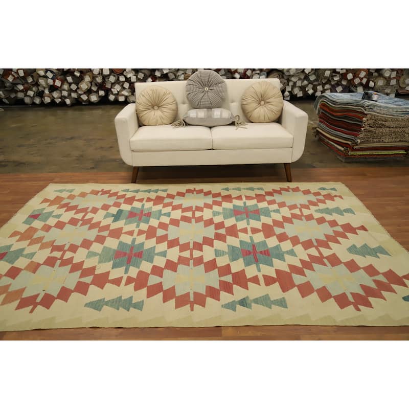 Hand Woven Oriental 100% Wool Carpet Southwestern Tribal Multi-Colored Kilim Area Rug - 8' 10'' X 6' 0''