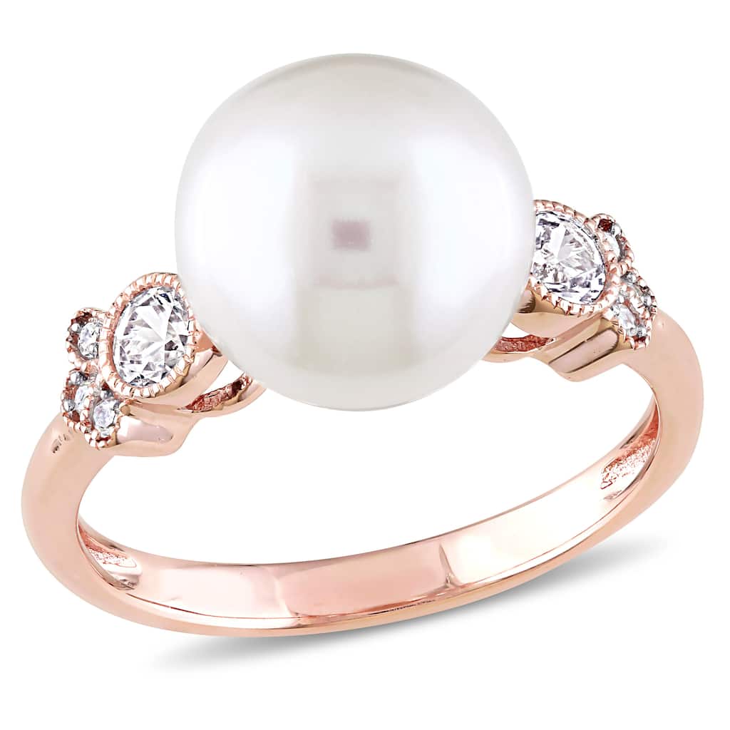 Miadora Cultured Freshwater Pearl 1/3ct TGW White Sapphire Diamond Accent Ring in 10k Rose Gold