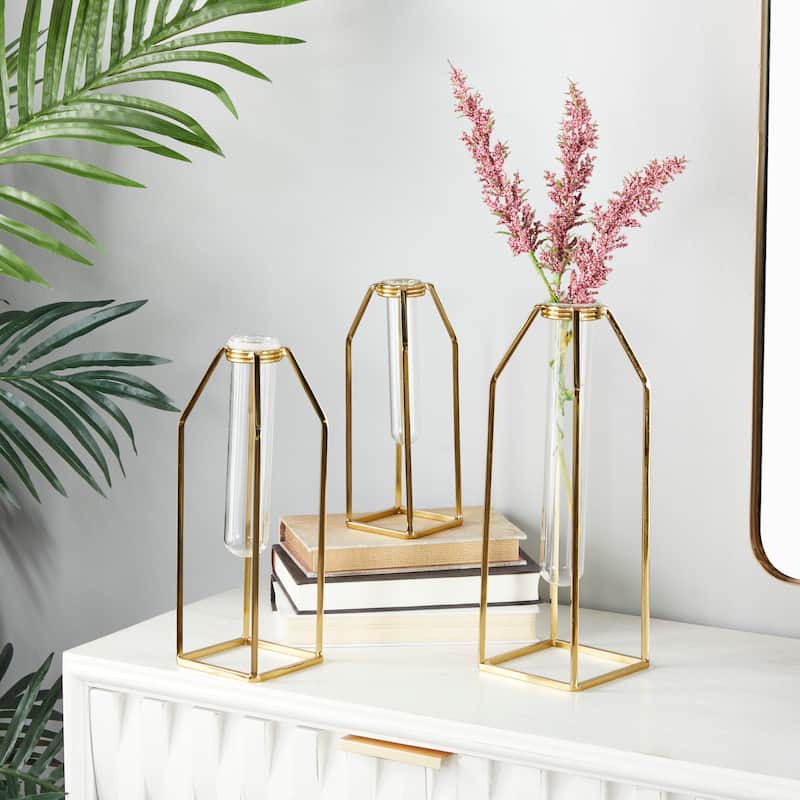 Stainless Steel Metal Test Tube Vase - Set of 3 Gold - CosmoLiving by Cosmopolitan - 5"W x 5"L x 13"H