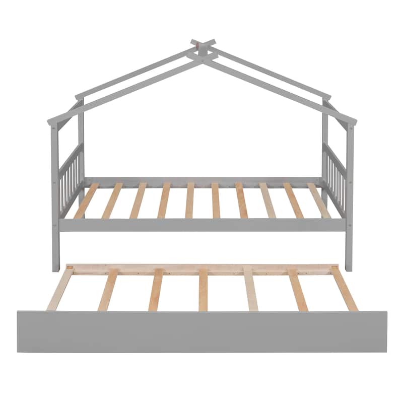 Wooden House Bed with Twin Size Trundle