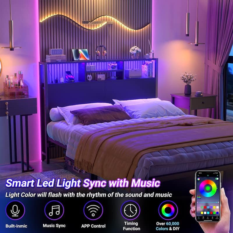 Headboard with Storage and Charge Station, Platform Bed Heaboard with LED Lights