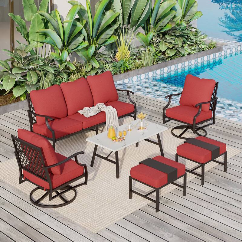 MAISON ARTS 6/7-Piece Patio Conversation Sets, Sofa Set with 2/4 x Single Chairs, 1 x 3-seater Sofa and Coffee Table/Ottomans - Set 2 - Red