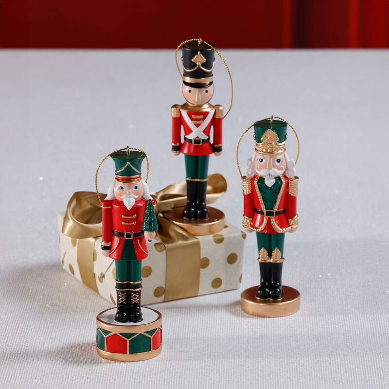 Feya Nutcracker Holiday Resin Ornaments, 6 Hanging Pieces (2 Sets of 3 Assorted)