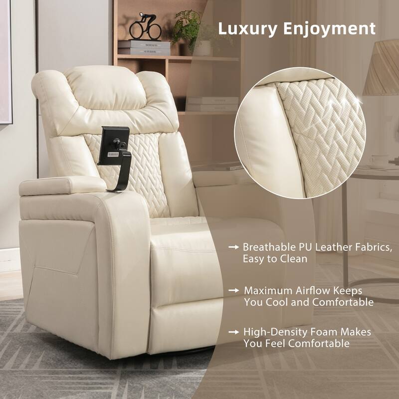 270° Swivel PU Leather Power Recliner with Phone Holder, Cup Holder, USB Port Home Theater Recliner for Living Room