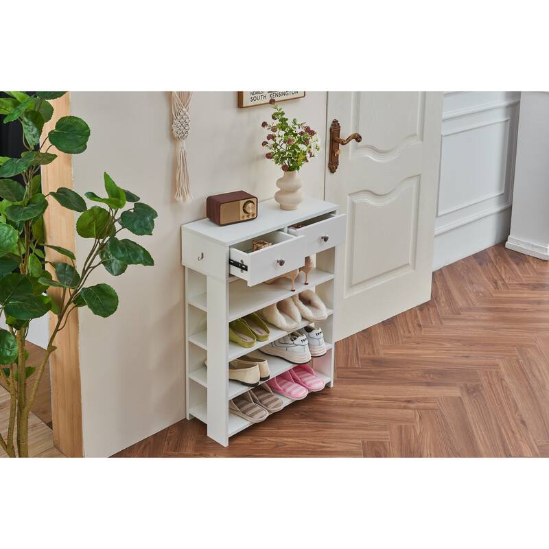 Modern Minimalist Wooden Shoe Rack with 2 Drawer, 4 Layer Shoe Cabinet for Entryway