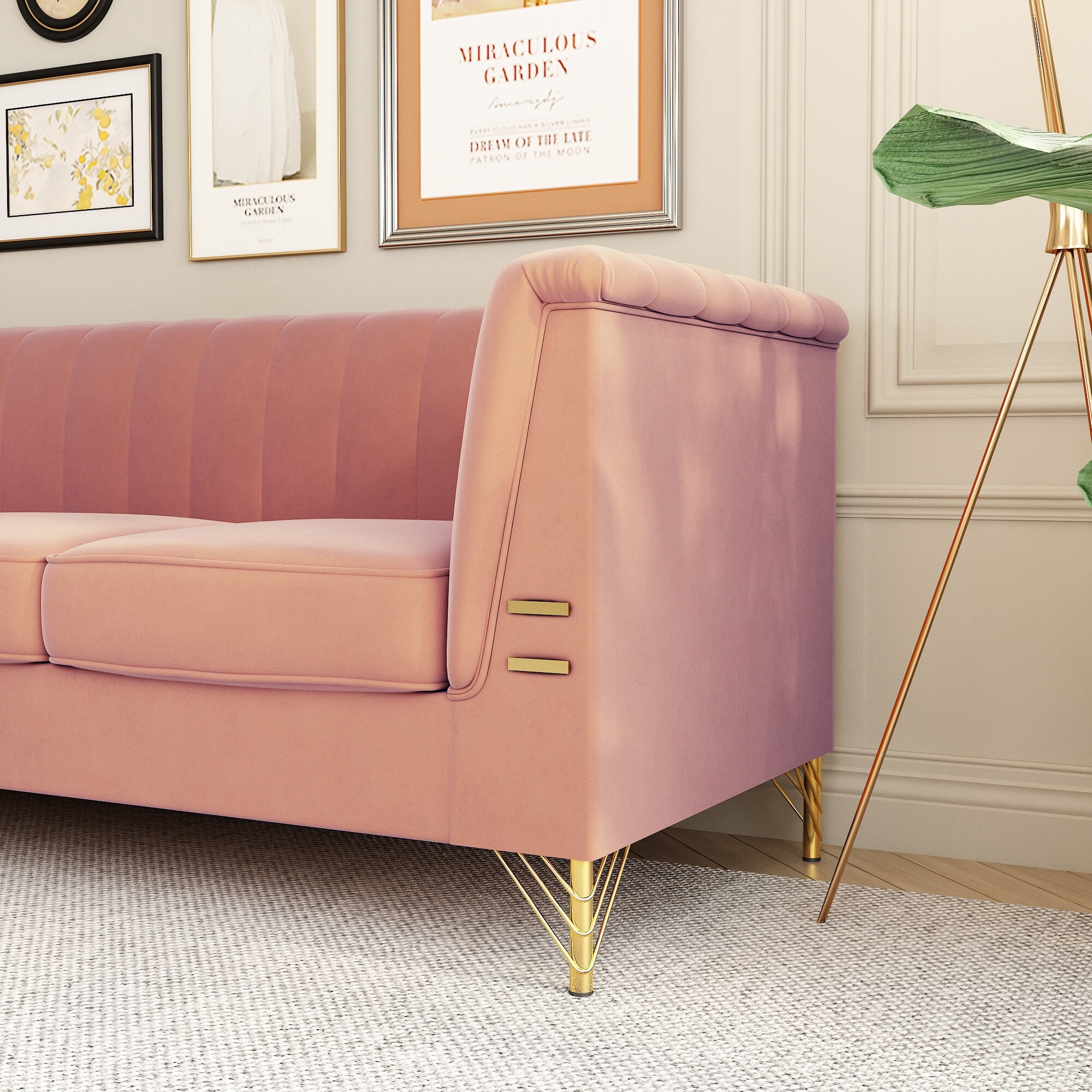 Pink sofa with gold legs discount