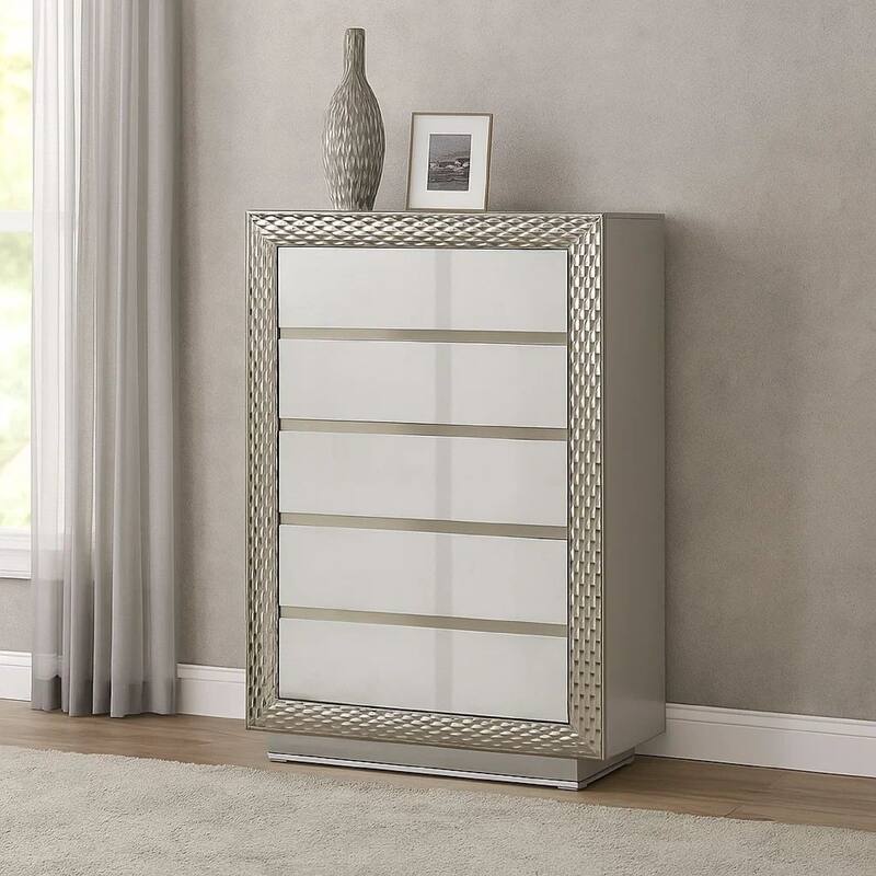 Vino 5 Drawer Tall Dresser Chest, Plinth Base Gray Wood with Silver Trim