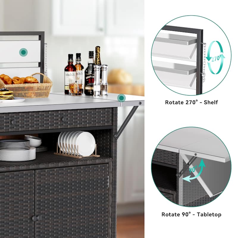 Outdoor kitchen cabinet Rolling Cart Bar Table Stainless Steel Extended - 57.8"L x 47.3"W x 24.8"H