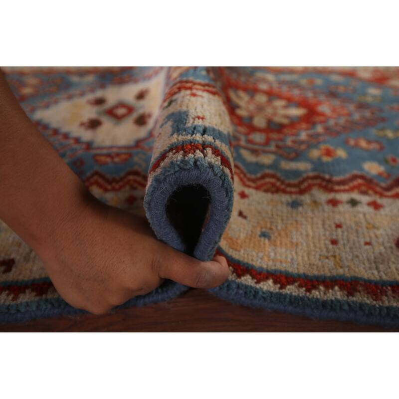 Blue Geometric Kazak Indian Foyer Rug Handmade Wool Carpet - 2'6"x 6'0"