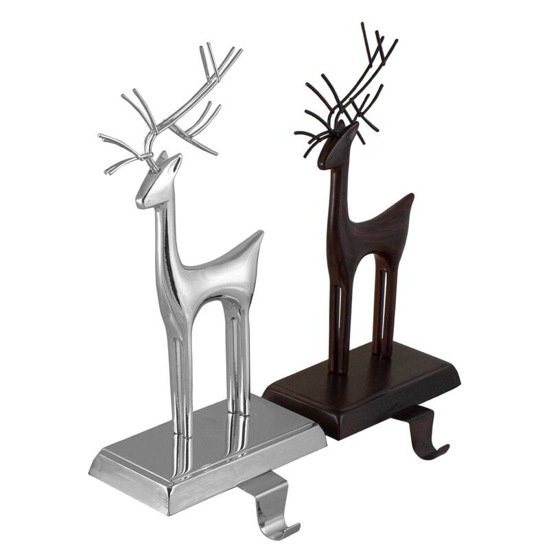 Set of 2 Oil Rubbed Bronze Silver Reindeer Christmas Stocking Holders