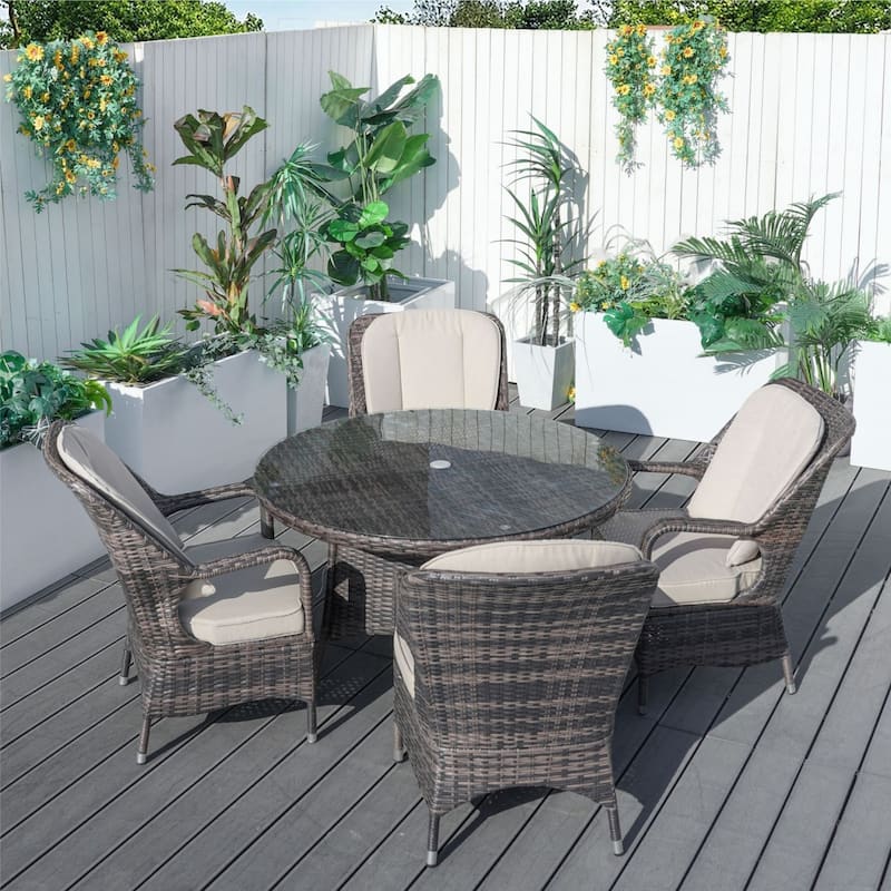 5-piece Patio Wicker Dining Set with Cushions Outdoor Furniture