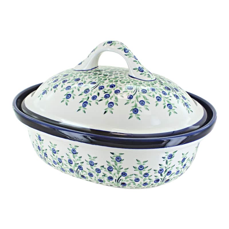 Blue Rose Polish Pottery 1158 Zaklady Roaster with Lid - Porcealin Vine
