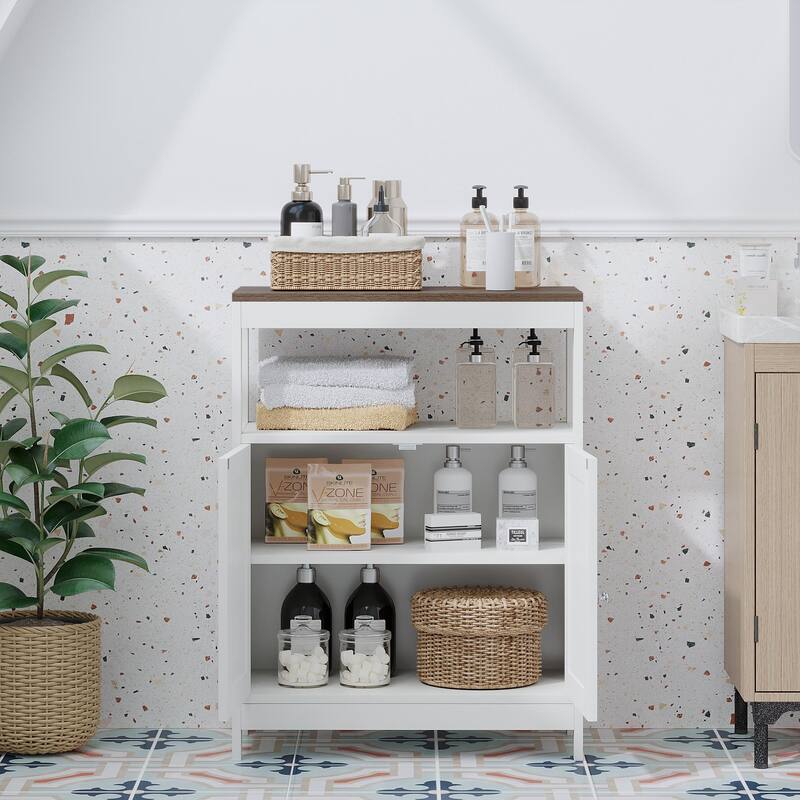 Modern Storage Cabinet with Double Doors, Free-Standing Bathroom Cabinet with Adjustable Shelf and Natural Wood Top