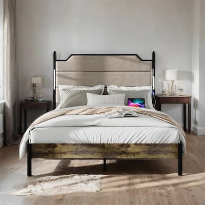 Queen Size LED Platform Bed with Charging Station and Wood Slats