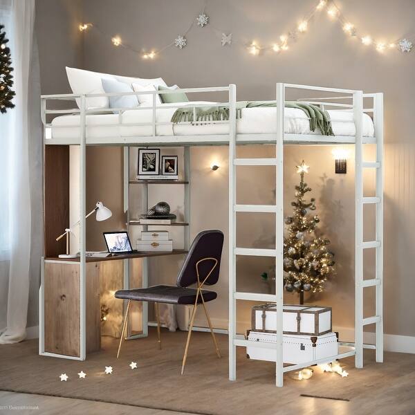 slide 2 of 20, Modern Twin Metal Loft Bed with 2 Shelves, 2 built-in ladders and Desk, Sturdy Construction & Safety Guaranteed, Silver Silver