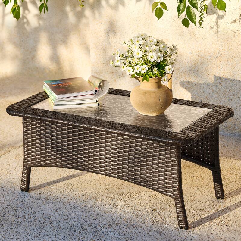 Rectangular Wicker Outdoor Coffee Table With Glass Top