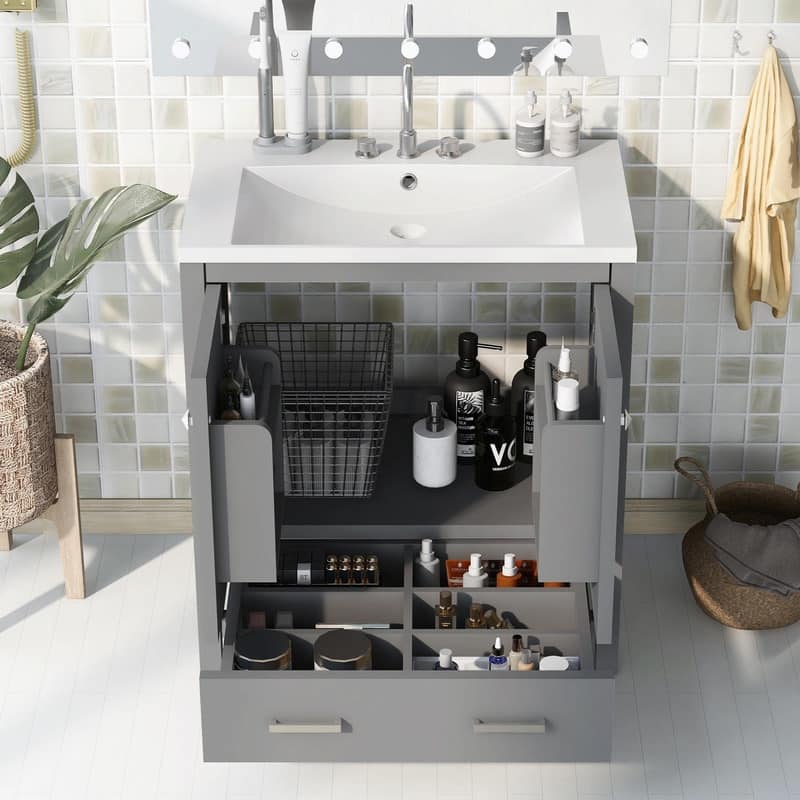 30" White Bathroom Vanity with Single Sink, 2 Doors, and Drawer