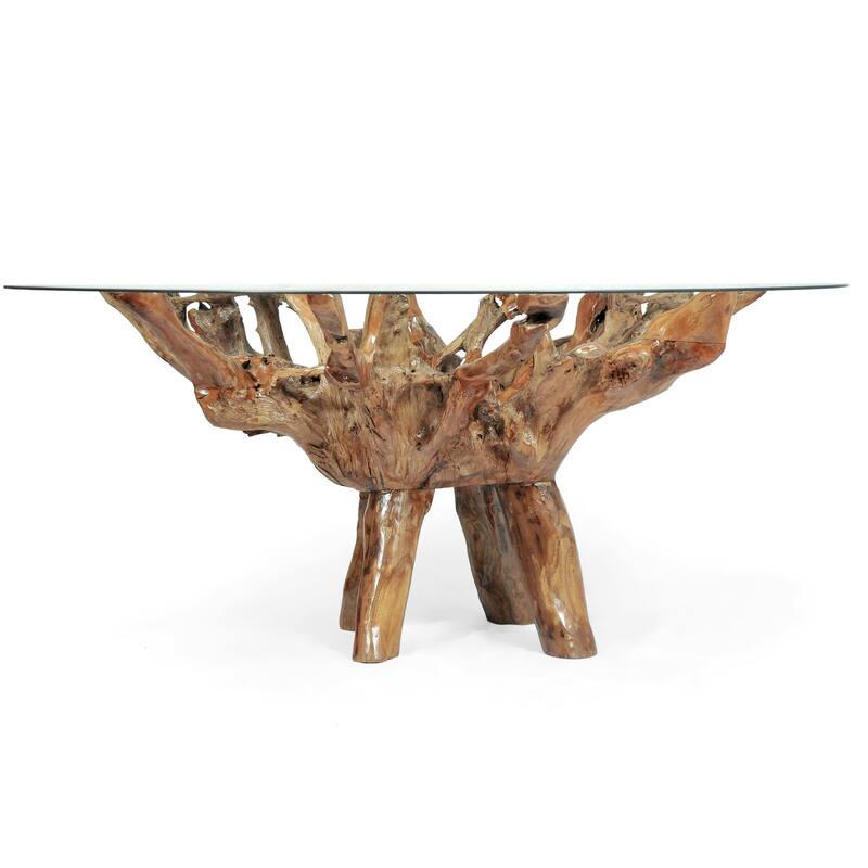 Chic Teak Rustic Teak Wood Root Dining Table Including a 63 Inch Round Glass Top