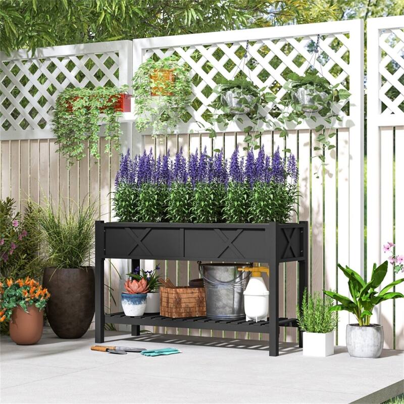 Wood 2-Tier Raised Planter with Shelf for Easy Gardening - 47.2" W x 21.7" D x 31.5" H