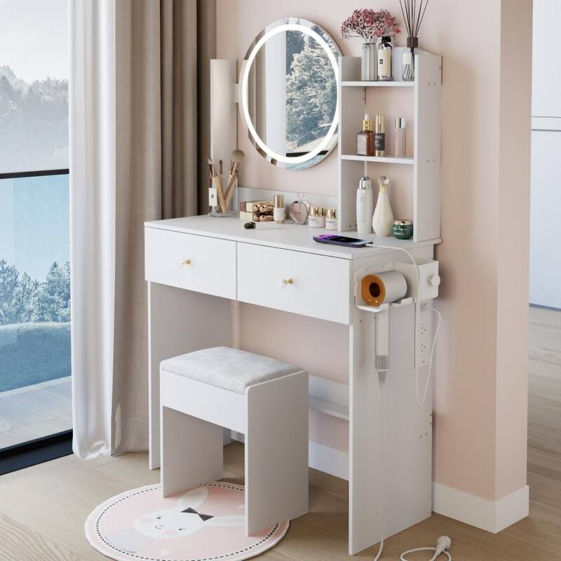 17" Round Touch Switch LED Mirror Vanity with 2 AC+2 USB Power Socket and Adjustable Brightness - White - 2-drawer