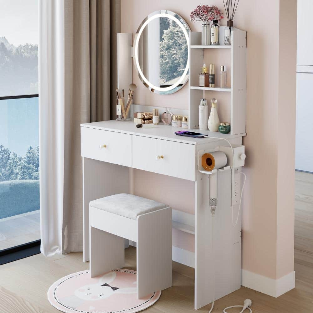 17" Round Touch Switch LED Mirror Vanity with 2 AC+2 USB Power Socket and Adjustable Brightness
