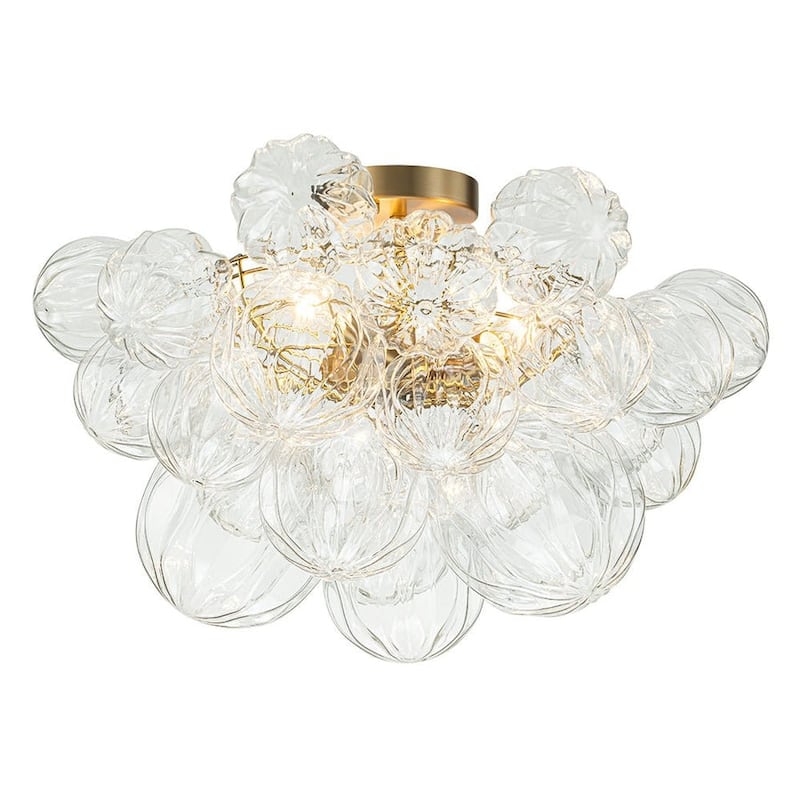 Brass 3-Light Faceted Glass Globe Cluster Bubble Semi Flush Mount