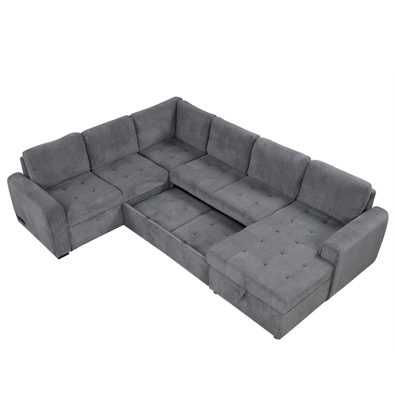 107.5" U-Shaped 5 Seater Sectional Sofa with Storage Chaise Lounge, Pull-Out Bed, USB Ports and Power Sockets
