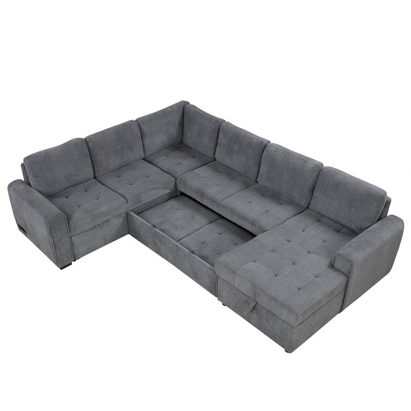 Convertible Sectional Sleeper Sofa with Pull Out Bed, Storage Chaise & Charging Devices, Oversized Corduroy U-Shaped Cloud Sofa