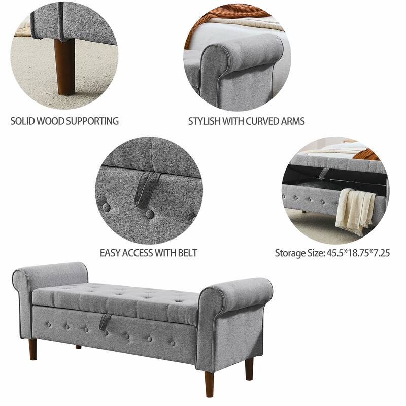 Modern Fabric Upholstered Storage Bench with Tufted Button and Rolled Arm