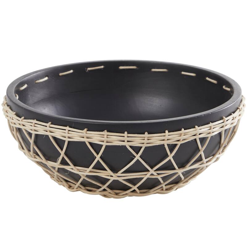 Mango Wood Handmade Decorative Bowl with Woven Rope Accents - Brown or Black - Roche River Decor - Black