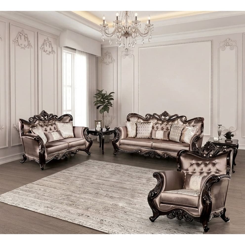 Formal Velvet Upholstered Solid Wood Sofa Set Carved Details Brown Finish