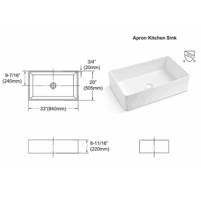 DORNBERG 33" x 20" Salena Farmhouse Kitchen Sink with Basket Strainer