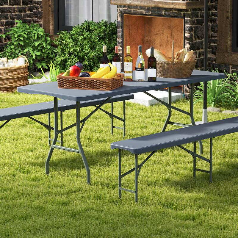 Gymax 3 PCS Folding Picnic Table Set w/ 6 ft Table & 2 Benches HDPE