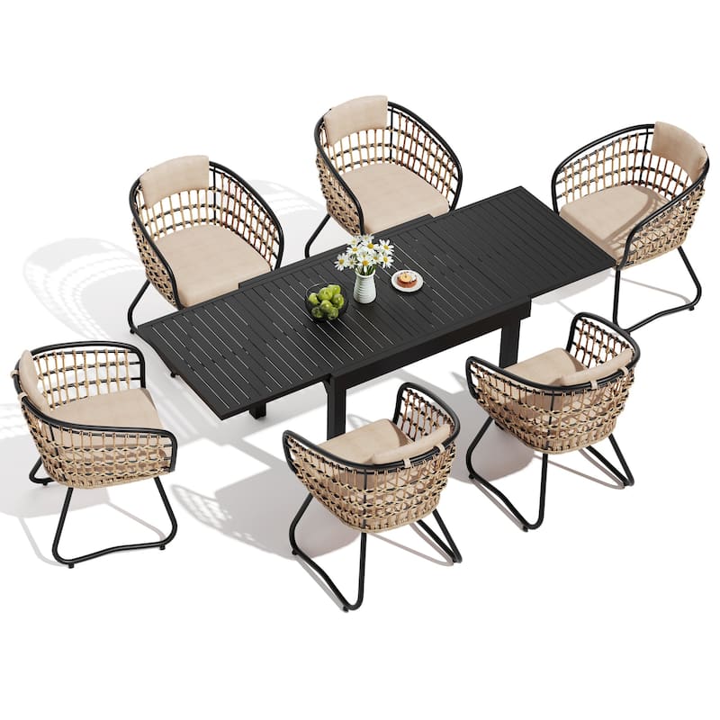 5/7/11-Piece Set Outdoor Aluminum Extendable Patio Dining Table Set with Rattan Chairs