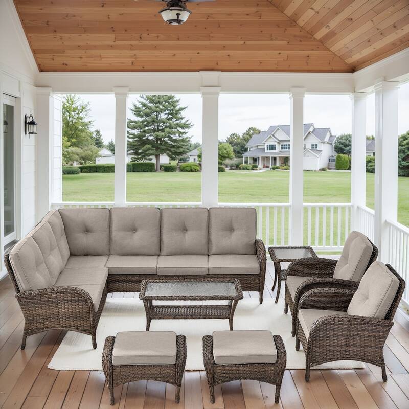 Outdoor Sectional Sofa Patio Chairs Table with Ottomans - Brown - Beige