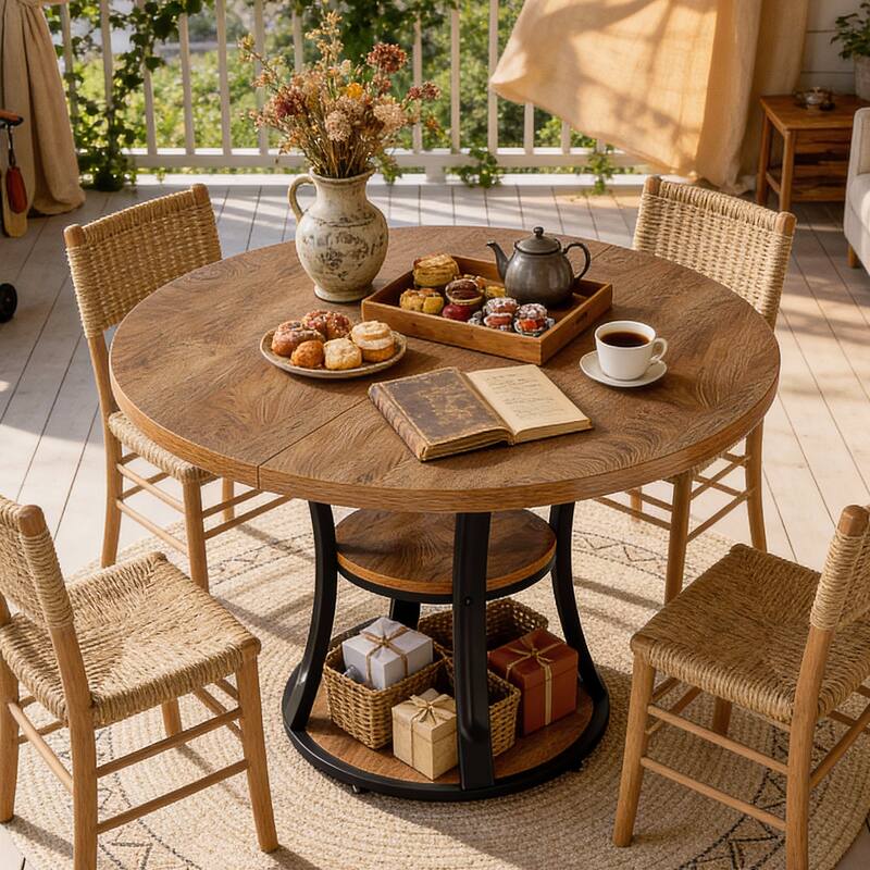 39 Inch Round Pedestal Dining Table with 2-Tier Storage Shelf - 39.37" D x 39.37" W x 29.53" H